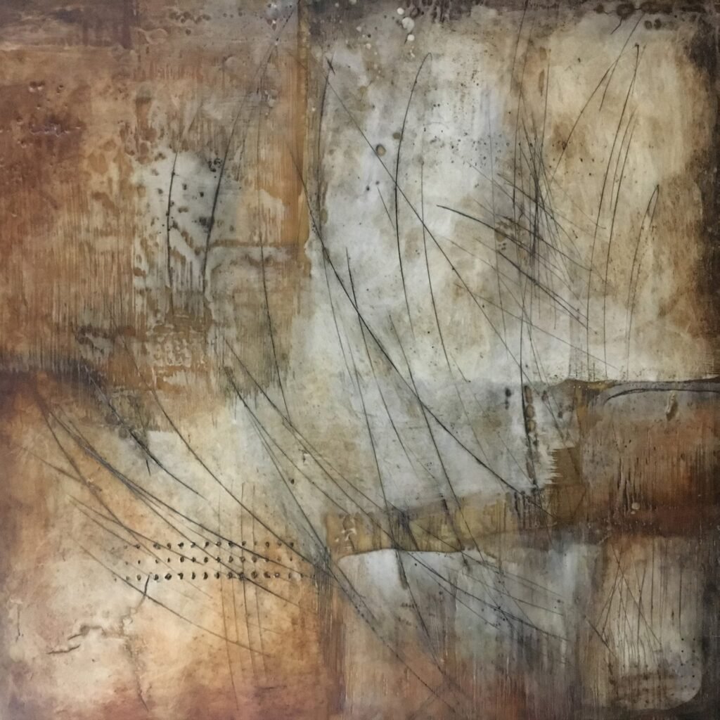 Entre-Líneas XI — encáustica sobre madera, 60 × 60 cm, Gabriela Sánchez