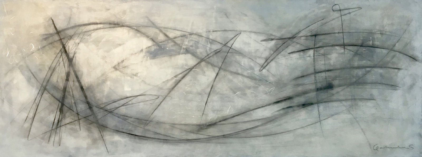 Cartografía del Trazo — encáustica sobre madera, 60 × 160 cm, Gabriela Sánchez