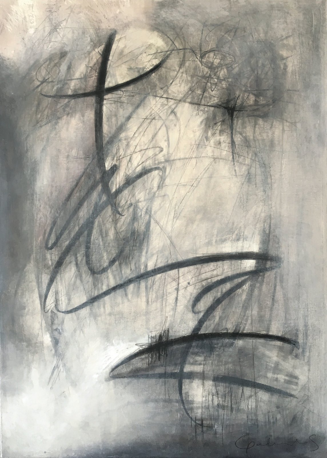 Grafismos caligráficos — óleo y carbón sobre tela, 50 × 70 cm, Gabriela Sánchez