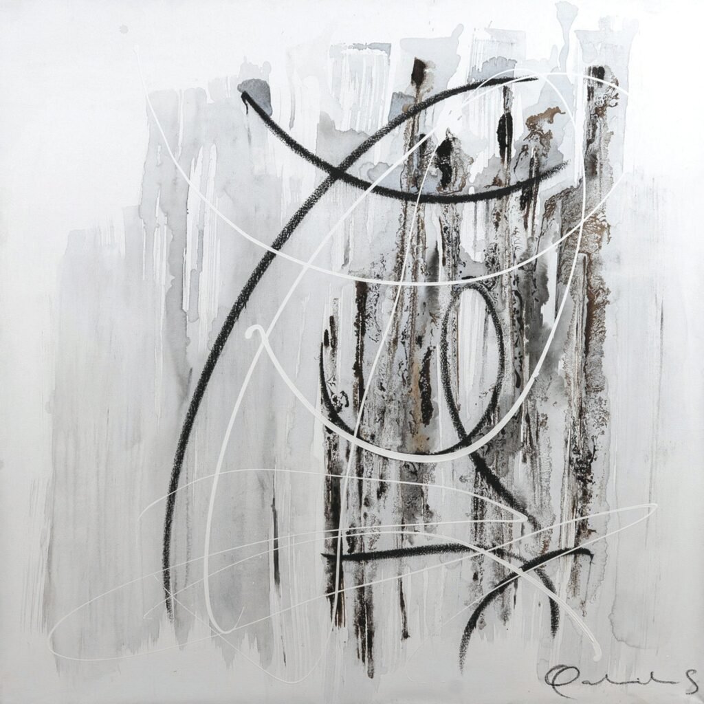 Pre-textos — técnica mixta sobre tela, 90 × 90 cm, Gabriela Sánchez